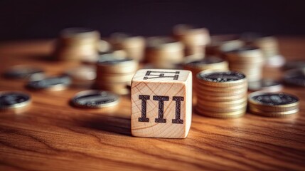 INFLATION word on a wooden cube on coins in idea for FED consider interest rate hike, world economics, and inflation control, US dollar inflation - obrazy, fototapety, plakaty