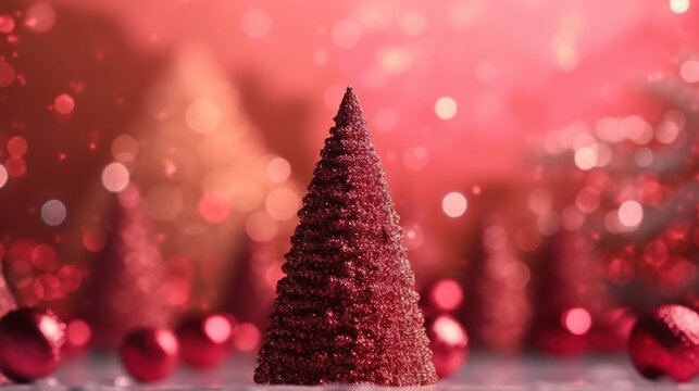Christmas tree and red christmas balls on abstract defocus background with bokeh. Generative AI