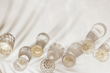 Top view white sparkling wine in different glasses of wine, stemmed glass with sun shadow palm leaf on light beige background. White wine tasting concept flat lay, copy space. Summer drinks