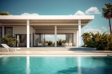 Fototapeta premium Modern and luxury Hotel lounge building architecture design concept, summer villa house residence and private with swimming pool and sea view, resort with space for sunbathing, with Generative Ai.