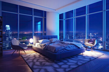 Night scene of Modern contemporary style interior bedroom design with city view, decorate with comfortable bed, lamp, pillows, table, and cold tone background, with Generative Ai.