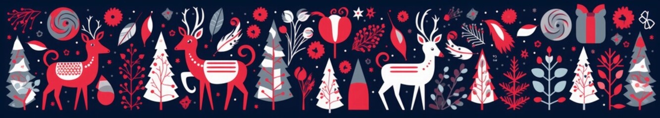 Christmas pattern in Scandinavian folk style with deer, Christmas tree, bird, Generative AI