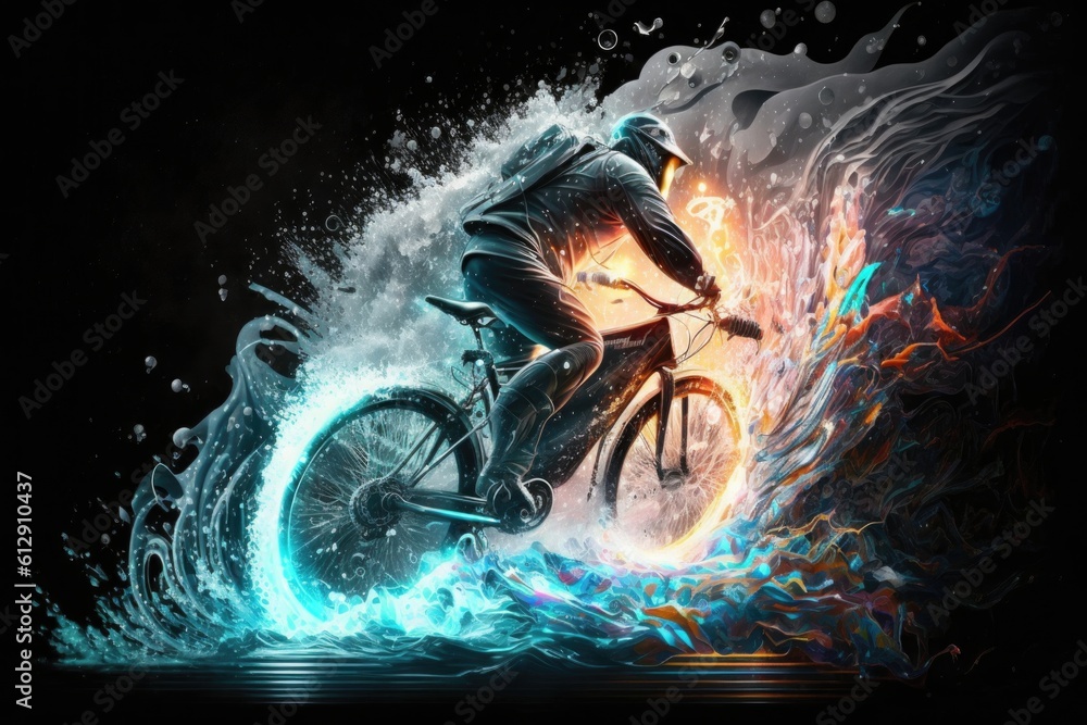 Poster cyclist in action on a dark background with splashes of water