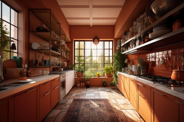 Classic old vintage interior kitchen room with minimal cozy tone style, decorate with counter table. chairs and warm tone background, with Generative Ai.