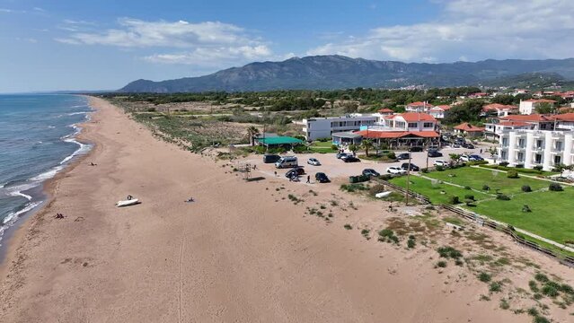 Aerial view of Paralia Kakovatos beach on the Peloponnese peninsula in Greece