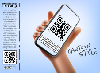 Cartoon hand holding smartphone with QR code on blank screen – vector template for mobile app promo