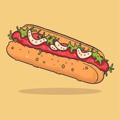 Hand Drawn Hot dog, colorful  fast food vector illustration 