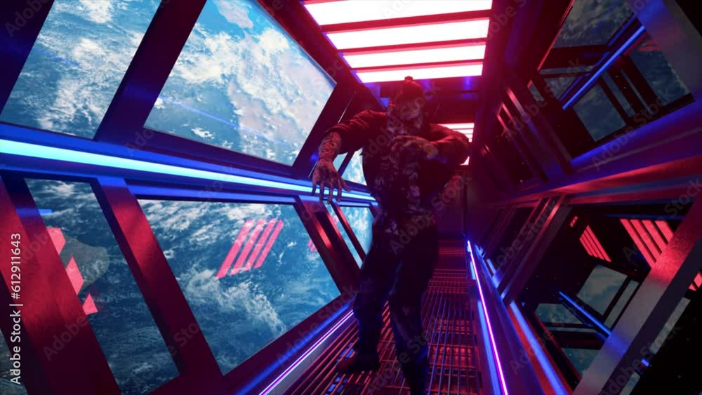 Poster realistic zombie walks through the neon corridor of the spaceship. planet earth in the background. 3