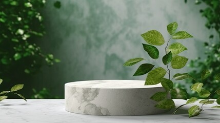 Fototapeta na wymiar Natural stone and concrete podium in Natural green background for Empty show for packaging product presentation. Background for cosmetic products, the scene with green leaves. Mock up the pedestal