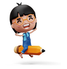 Happy child with pancil, cute girl cartoon character, 3d rendering