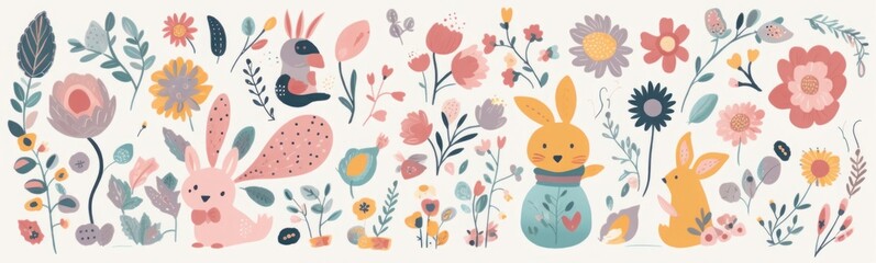 Big collection of flowers, leaves, birds, bunny and spring symbols, Generative AI