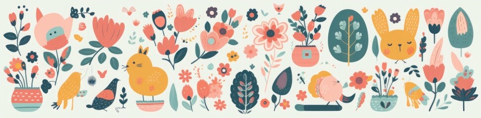Big collection of flowers, leaves, birds, bunny and spring symbols, Generative AI