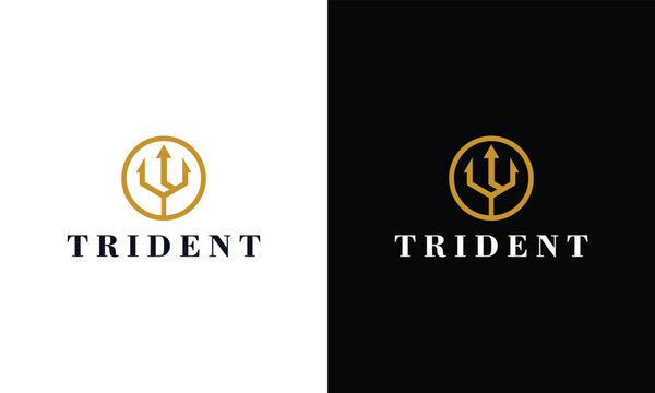 Gold trident logo icon. Premium corporate company brand identity emblem. Abstract forked spear sign. Devils pitchfork symbol. Vector illustration.