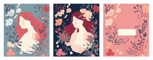 Floral collection of cards, invitations, posters. Valentines Day greetings. Set of Valentines day cards.  illustration of girl in love. Flyer, card, banner, Generative AI