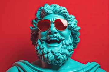 colorful greek god statue smiling, wearing cool sunglasses, ai generated
