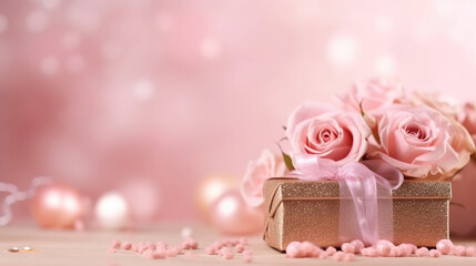 Gift box and roses on abstract pink background with bokeh, copy space. Gretting card for Valentine's day or Wedding day. Generative AI