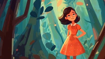 illustration cute girl walking in tropical woods, Generative Ai