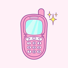 y2k old mobile, glamorous cell phone, trendy vector illustration, nostalgia for 90s 2000s, hand drawn phone