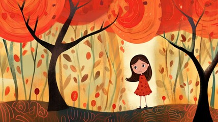 illustration cute girl walking in autumn woods, Generative Ai