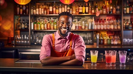 Black bartender making cocktails in front of the counter - generative AI - obrazy, fototapety, plakaty