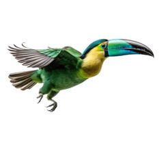 Obraz premium an Emerald Toucanette in flight in various positions, rainforest jewel, Wildlife-themed, photorealistic illustrations in a PNG, cutout, and isolated. Generative AI