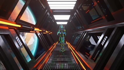 The concept of space exploration. An alien in a rainbow suit. Spaceship tunnel. Earth orbit. Close-up. Neon lighting. - Powered by Adobe