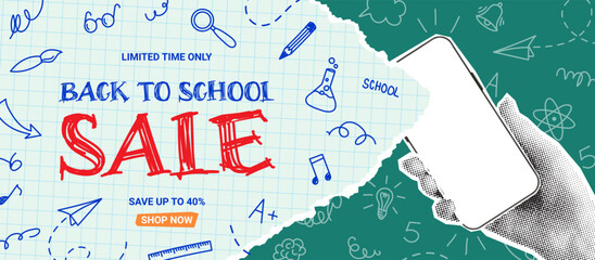 Seasonal banner for Back to school sale. Vector collage with halftone hand holding phone with torn paper, doodle elements. Retro banner concept for Back to school sale. Discount offer.