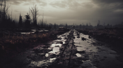 An old road with mud and puddles. Creepy and gloomy atmosphere. Generative Ai