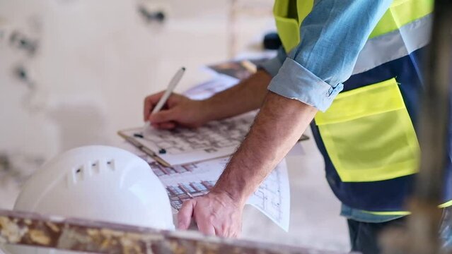 Focused architect writing notes on project documentation stands near construction safety equipment professional specialist in vest works with papers before renovation process