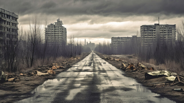 A gloomy road leads to an abandoned city. Dark thick clouds. Generative Ai