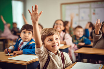 Small boy kid in school classroom raising hand up to answer teacher. Generative AI