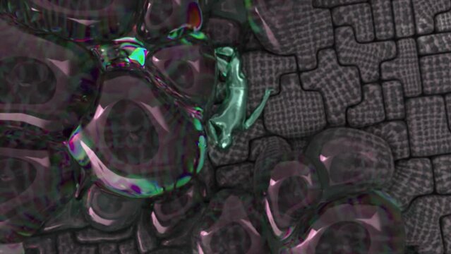 Funny green metallic figurine moves chaotically on the surface of inflating bubbles. Mosaic drawing. 3d animation.