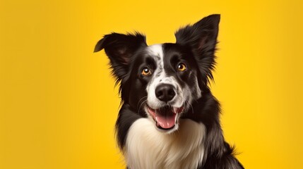 Border Collie Dog on Isolated Yellow Colored Background Generative AI