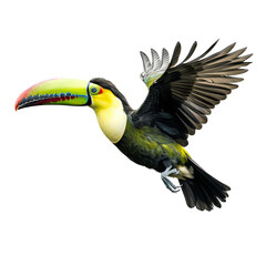 a Keeled Billed Toucan in flight, in various positions, rainforest color, Wildlife-themed, photorealistic illustrations in a PNG, cutout, and isolated. Generative AI