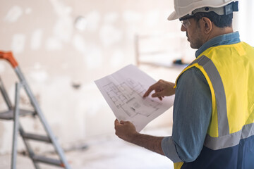 Engineer in professional uniform holding apartment project plan checks details before doing...