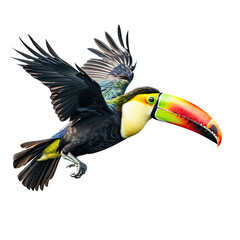  a Keeled Billed Toucan in flight, in various positions, rainforest color, Wildlife-themed, photorealistic illustrations in a PNG, cutout, and isolated. Generative AI