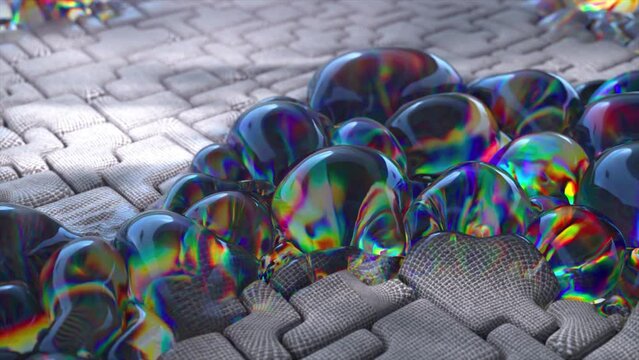  Large iridescent bubbles inflate on a gray soft surface. Patterns. Puzzle. Dark and light. 3D animation