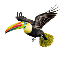  a Keeled Billed Toucan in flight, in various positions, rainforest color, Wildlife-themed, photorealistic illustrations in a PNG, cutout, and isolated. Generative AI