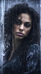 Portrait of a woman in the rain, beautiful close shot, 