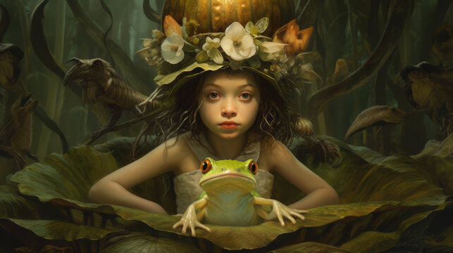 Based on the fairy tale princess frog. A beautiful Thumbelina girl, a forest nymph created in AI.