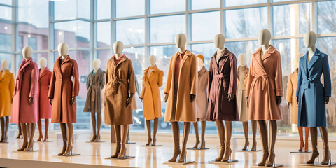 Female mannequins in autumn coats in the store. Generative Ai