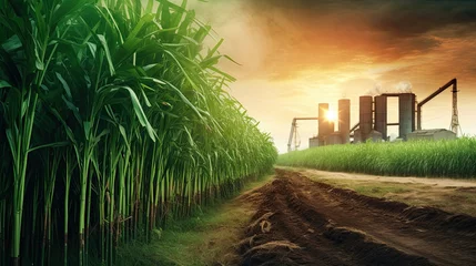 Foto op Canvas Agriculture, Sugarcane field at sunset. Sugar cane plant tree in countryside for food industry or renewable bioenergy power. Generative AI © PaulShlykov