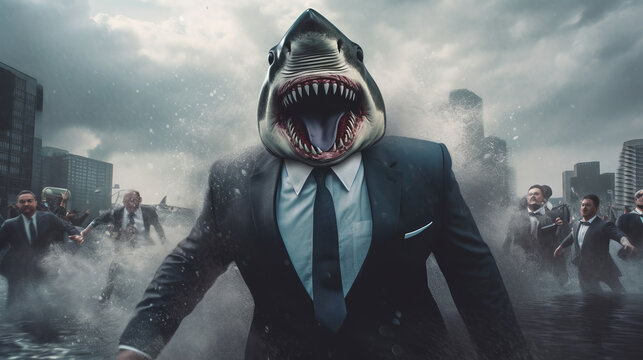 Shark boss in a jacket on a clean background. Created in AI.