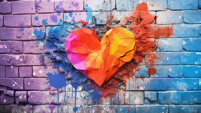 Generative AI, Colorful heart as graffiti love symbol on the wall, street art. Melted paint.. - Powered by Adobe