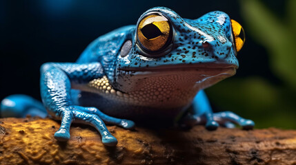 Poisonous blue frog in a tropical area. Beautiful blue dart frog. Created in AI. - obrazy, fototapety, plakaty