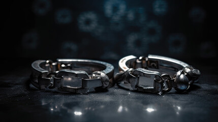 shiny metallic handcuffs isolated on dark background. justice concept. Generative AI