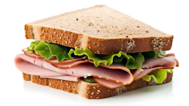 a tasty sandwich with ham lettuce and tomato isolated on white background. Generative AI