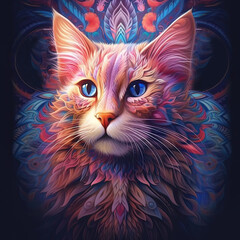  Psychedelic Surrealism Cat in a Vibrant Dreamland. Cat Illuminating Abstract art.