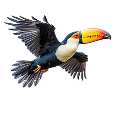 a Toco Toucan in-flight in various positions, rainforest clown, Wildlife-themed, photorealistic illustrations in a PNG, cutout, and isolated. Generative AI