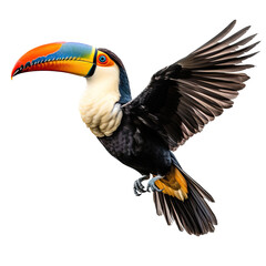 a Toco Toucan in-flight in various positions, rainforest clown, Wildlife-themed, photorealistic illustrations in a PNG, cutout, and isolated. Generative AI